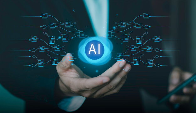 AI network and data connections on smartphone, intelligent systems, machine learning, automation workflows, digital analytics. Artificial intelligence concept, and smart technology integration. - Powered by Adobe