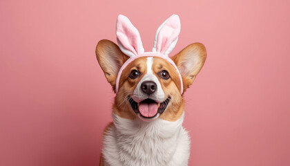 A happy dog wearing bunny ears on a pink background looks directly at the camera with its tongue out.