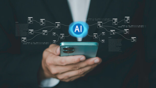 AI network and data connections on smartphone, intelligent systems, machine learning, automation workflows, digital analytics. Artificial intelligence concept, and smart technology integration. - Powered by Adobe