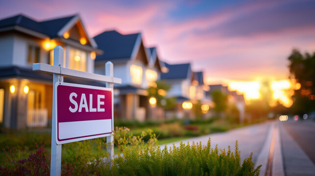 For sale sign in front row, new suburban houses during sunset, real estate display visualization, property market concept, residential development representation, with copy space