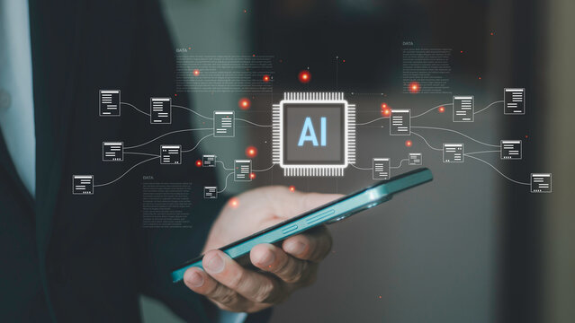 AI network and data connections on smartphone, intelligent systems, machine learning, automation workflows, digital analytics. Artificial intelligence concept, and smart technology integration. - Powered by Adobe