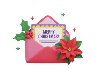 Christmas envelope with holly and poinsettia flowers on white isolated on transparent background