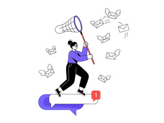 Person using a net to catch chat bubbles and social media notifications isolated on transparent background