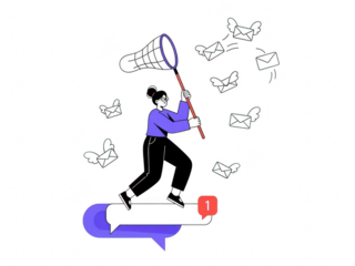 Person using a net to catch chat bubbles and social media notifications isolated on transparent background