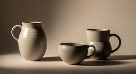 Elegant ceramic pottery collection with soft studio lighting, showcasing artisanal craftsmanship