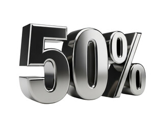 Shiny metallic 50 percent off discount sign on a transparent background