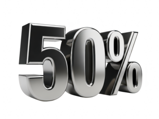 Shiny metallic 50 percent off discount sign on a transparent background