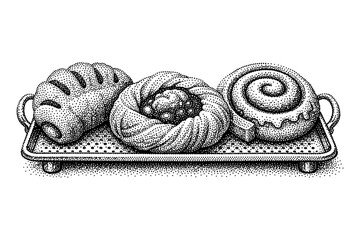 Vintage bread tray with croissant and pastries in halftone style