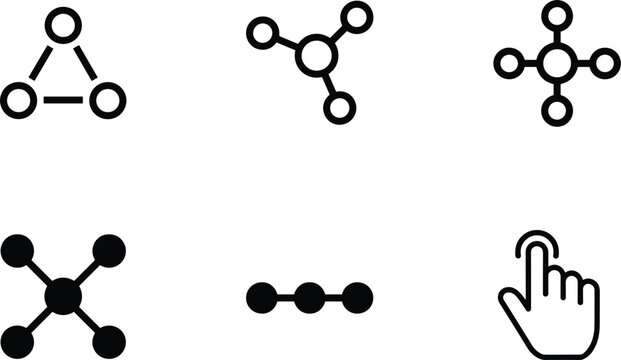 Professional technology icon set featuring various network node structures linear connections and a finger touch selection gesture symbol.