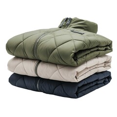 Stacked Green, Beige, and Navy Blue Quilted Blankets