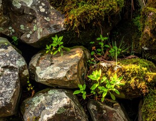 Close-up of weathered stone wall with lush moss and vibrant green sprouts