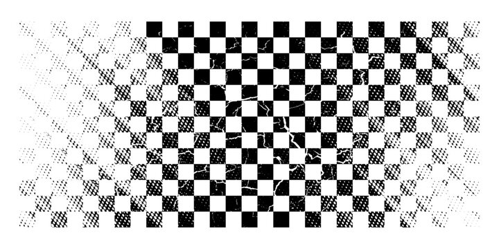 Race flag grunge background, car rally or motocross finish flag with vector checker pattern. Grunge race flag for car racing sport or bike speedway, motorsport