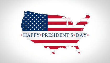 A patriotic illustration of the United States map with the American flag and Happy President's Day text on a white background