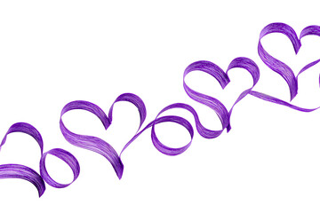 Purple heart ribbons flowing in a row on black background