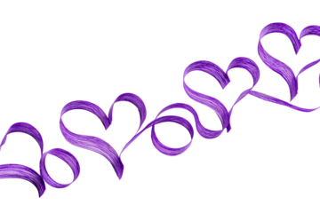 Purple heart ribbons flowing in a row on black background