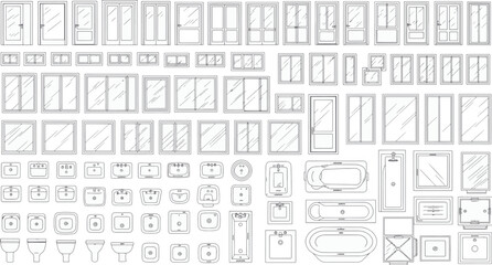 Obraz premium A detailed architectural blueprint showcasing a variety of windows, doors, sinks, and bathtubs.