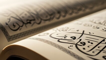 Open holy book displaying arabic calligraphy script illuminated by a soft light source