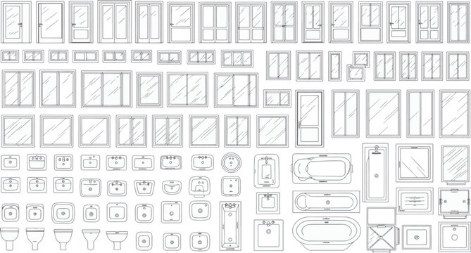 A detailed architectural blueprint showcasing a variety of windows, doors, sinks, and bathtubs.