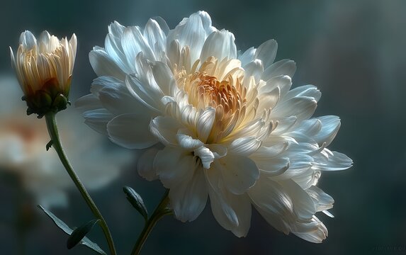 A detailed side profile of a white chrysanthemum flower paired with a small unbloomed bud against a moody blue background.