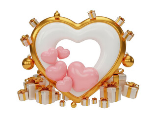 Gold heart shaped frame with pink hearts and gifts isolated on transparent background