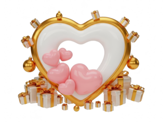 Gold heart shaped frame with pink hearts and gifts isolated on transparent background