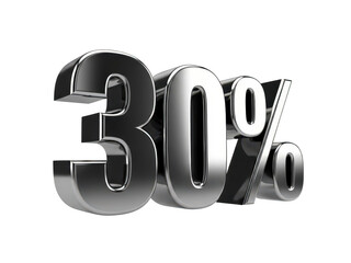 Shiny silver 30 percent off discount sign isolated on transparent background