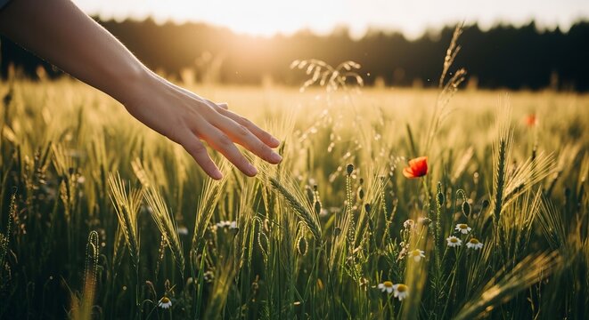 Gentle hand brushes through golden wheat field at sunset, evoking peace and nature's beauty.