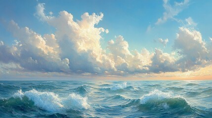 Obraz premium Powerful waves crash against the shore beneath gentle clouds — the perfect atmospheric backdrop for meditative practices and relaxation apps.