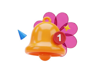 A 3d illustration of a notification bell with a pink flower and a blue triangle on a transparent background