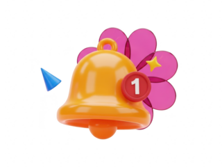 A 3d illustration of a notification bell with a pink flower and a blue triangle on a transparent background