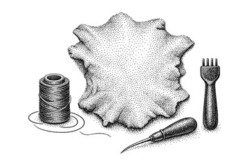 Vintage dot art of leather craft tools with spotted texture aesthetic for artisan projects