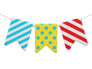 A colorful party banner with star shaped flags on a transparent background