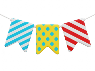 A colorful party banner with star shaped flags on a transparent background