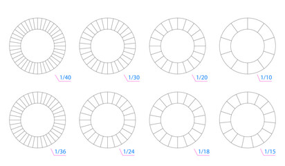 Circle sector diagrams with fractional notations. Geometric circle segments for visualizing mathematical relationships with increments of 40, 30, 20, 10, 36, 24, 18, and 15.