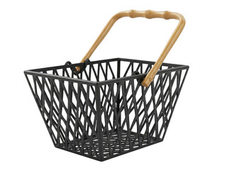 Black metal wire shopping basket with wooden handle isolated on transparent background