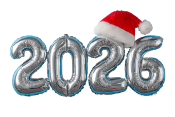 Silver balloons forming 2026 with Santa hat on top for New Year celebration