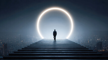 A lone figure walks up illuminated stairs toward a glowing circular portal above a sprawling cityscape under a dark, misty night sky with futuristic ambiance