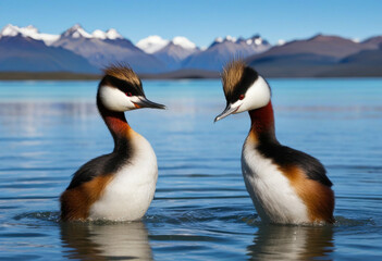 Fototapeta premium Hooded Grebe performing its elegant courtship dance on a remote glacial lake in Patagonia, sunny day