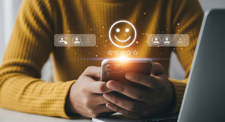 Person holding smartphone with floating and smiley face above it transparent background hand