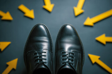 Polished black leather dress shoes surrounded by multiple yellow arrows pointing inward on dark gray background symbolizing attention and focus on footwear choices