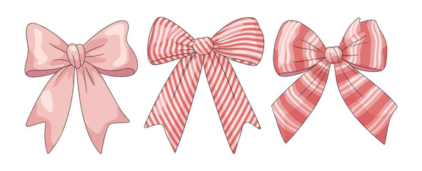 Crayon bows set. Coquette style ribbons and bows striped and plaid, aesthetic vintage elegant cliparts. Hand drawn pencil art decor, bowknots for girly, birthday, gift, wedding. Vector illustration