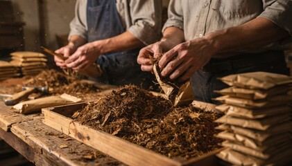 Medium shot of workers filling paper pouches with looseleaf chewing tobacco highlighting the texture and natural packaging process in a traditional production setting.