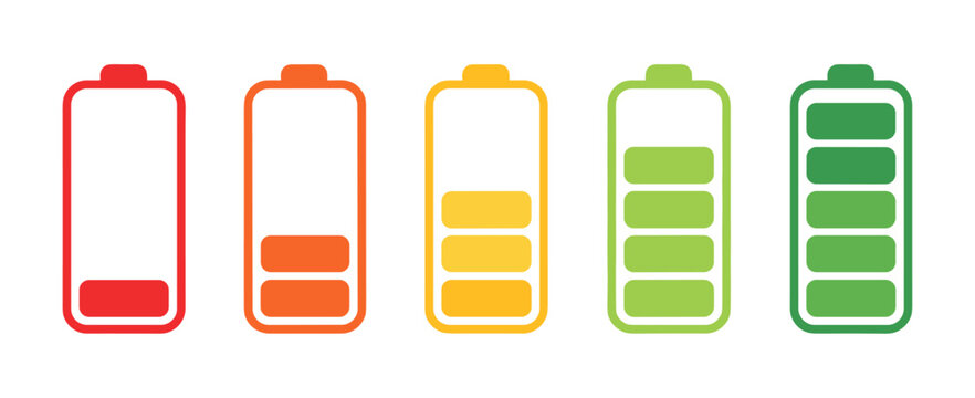 Battery level indicators. Colorful battery charge level icons. Battery power level pictograms in outline style. Vector