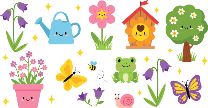 Cute spring garden illustration set with flowers animals watering can butterfly frog and playful nature elements vector