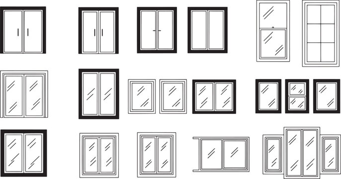 Various window designs in a minimalist architectural illustration, showcasing the versatility and different styles of windows used in architecture.