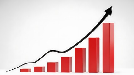 A three dimensional illustration depicting rising red bar chart data with a strong upward trending black arrow indicating substantial growth and positive financial performance metrics.