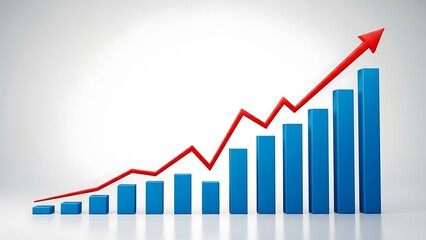 Three dimensional blue bar graph displaying significant upward financial progress indicated by a striking bright red directional arrow showing growth and positive trends.