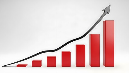 Illustrative 3d rendering of a red bar graph showing steady upward progress indicated by a rising black line with an arrow symbolizing financial success and positive economic trends.