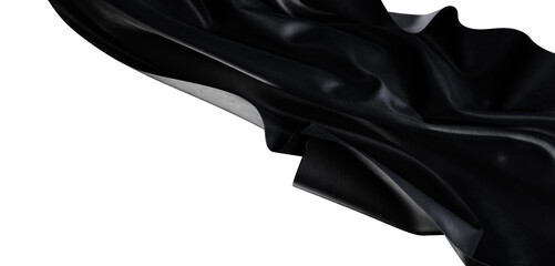 Abstract black fabric isolated on white background. Flowing textile with texture and highlights. Perfect for design, fas