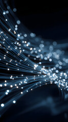 Fiber optic cable light strands glowing in motion creating abstract bokeh and dynamic blue network energy